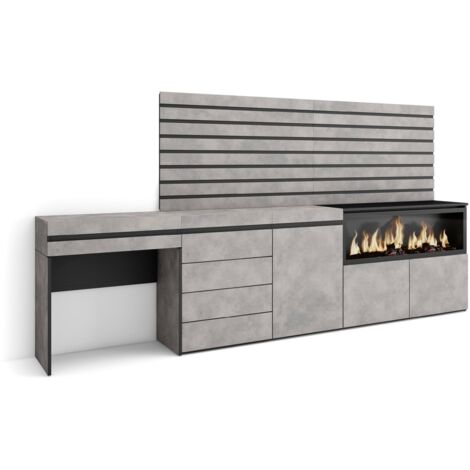 Skraut Home - Coiffeuse, Table maquillage, rangement, 284x145x35 cm, Avec tiroir, Cheminée électrique XXL, Commode, Buffet, Panneaux Muraux en Bois, Style moderne, Gris Ciment