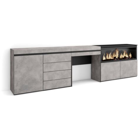 Skraut Home - Coiffeuse, Table maquillage, rangement, 284x75x35 cm, Avec tiroir, Cheminée électrique XXL, Commode, Buffet, Style moderne, Gris Ciment