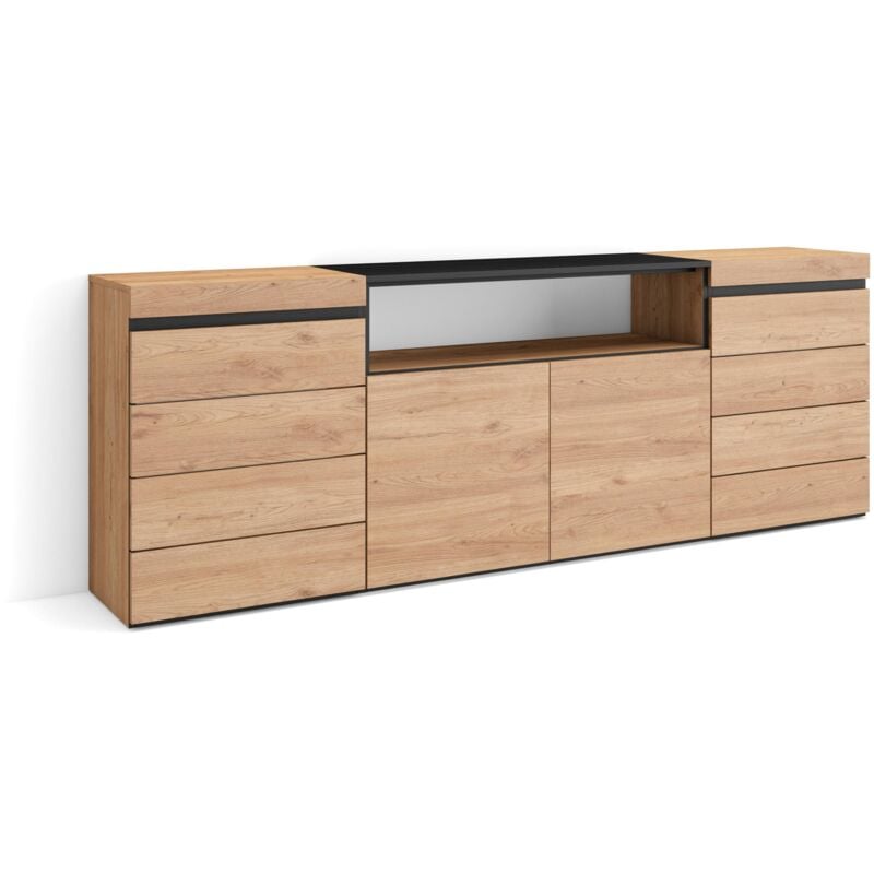 Commode, Buffet, Armoire, Meuble de Rangement, 214x75x35 cm, Chambre à coucher, pièce, Armoire à Tiroirs, Style moderne, Chêne - Skraut Home