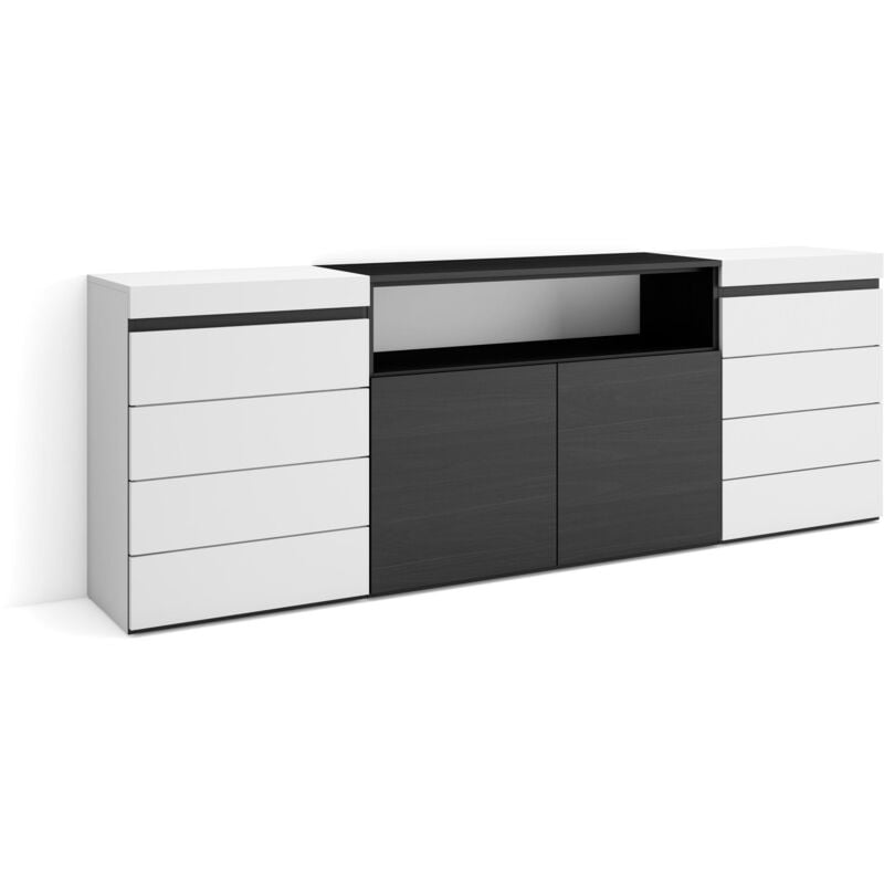 Commode, Buffet, Armoire, Meuble de Rangement, 214x75x35 cm, Chambre à coucher, pièce, Armoire à Tiroirs, Style moderne, Blanc et noir - Skraut Home