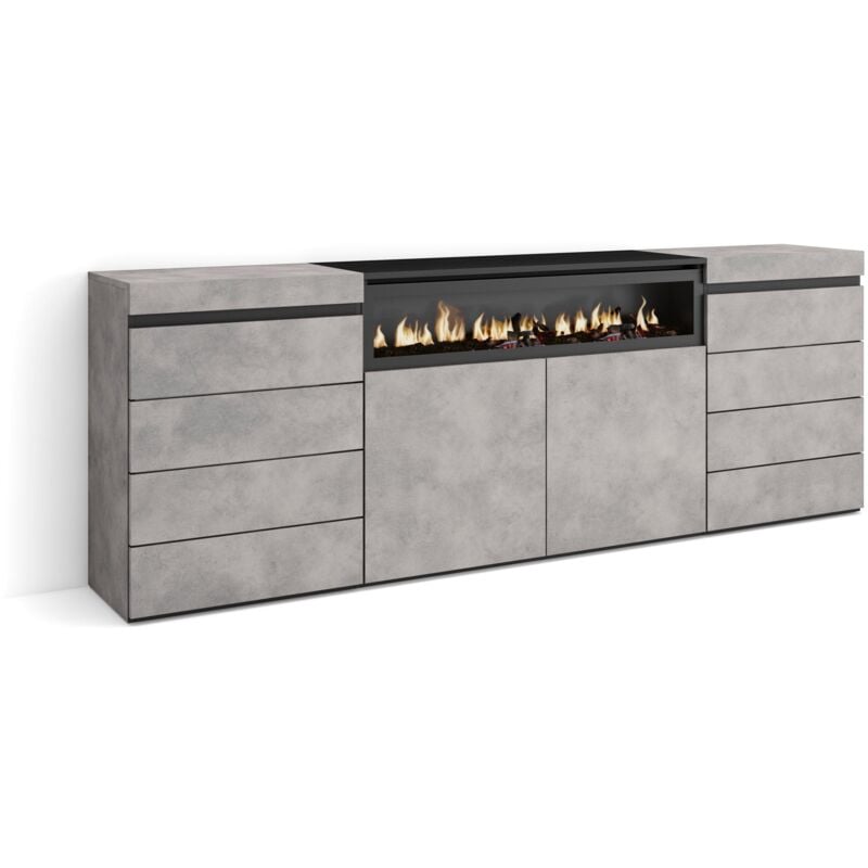 Commode, Buffet, Armoire, Meuble de Rangement, 214x75x35 cm, Chambre à coucher, pièce, Cheminée électrique, Style moderne, Gris Ciment - Skraut Home