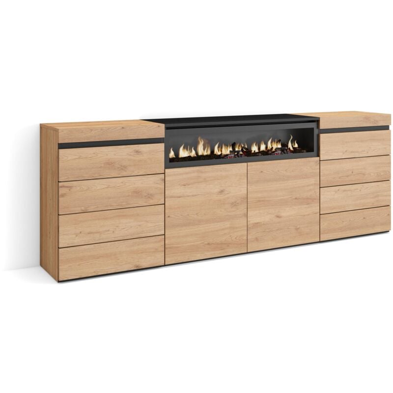 Commode, Buffet, Armoire, Meuble de Rangement, 214x75x35 cm, Chambre à coucher, pièce, Cheminée électrique, Style moderne, Chêne - Skraut Home