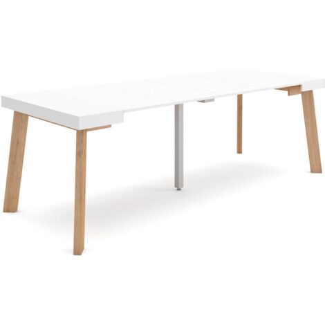 Skraut Home - Consolle allungabile, Tavolo consolle allungabile , 220, Per 10 persone, Gambe in legno, Stile moderno, Bianco