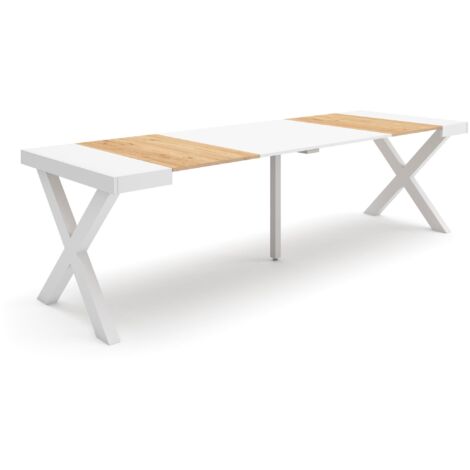 Skraut Home - Consolle allungabile, Tavolo consolle allungabile , 260, Per 12 persone, Gambe in legno, Stile moderno, Rovere e bianco