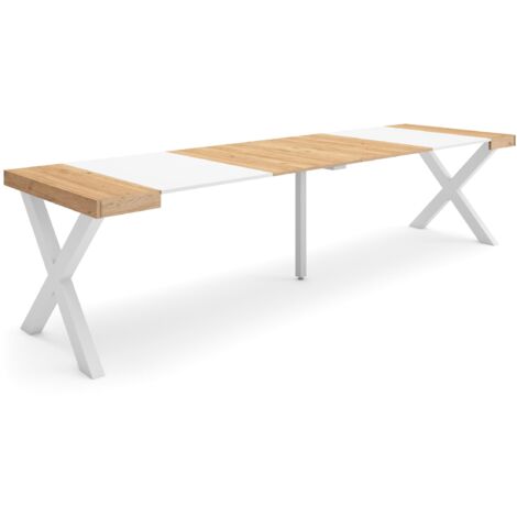 Skraut Home - Consolle allungabile, Tavolo consolle allungabile , 300, Per 14 persone, Gambe in legno, Stile moderno, Rovere e bianco