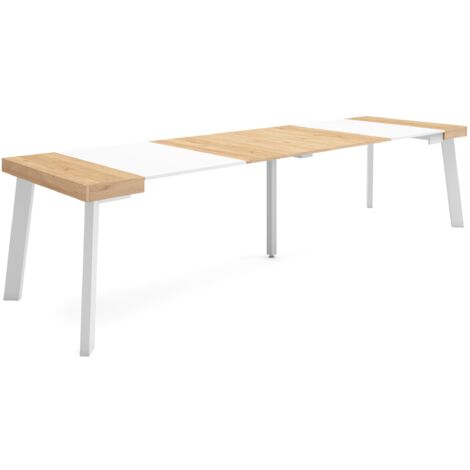 Skraut Home - Consolle allungabile, Tavolo consolle allungabile , 300, Per 14 persone, Gambe in legno, Stile moderno, Rovere e bianco