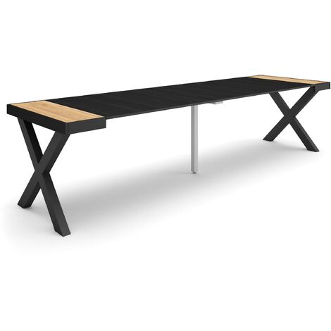 Skraut Home - Consolle allungabile, Tavolo consolle allungabile , 300, Per 14 persone, Gambe in legno, Stile moderno, Rovere e nero