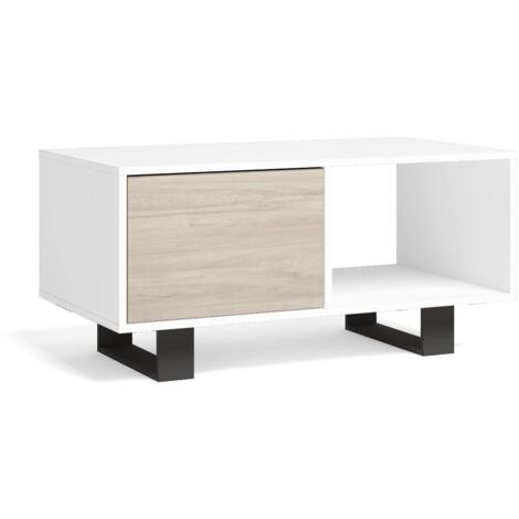 Skraut Home - Couchtisch mit Türen, Esszimmer, Modell WIND, Gestell Farbe Weiß, Türen Farbe Eiche, Maße 92x50x45cm Höhe.