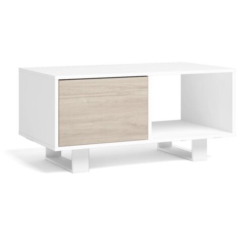 Skraut Home - Couchtisch mit Türen, Esszimmer, Modell WIND, Gestell Farbe Weiß, Türen Farbe Eiche, Maße 92x50x45cm Höhe.