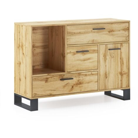 Skraut Home - Credenza buffet/sala da pranzo, Arredamento ausiliario Buffet LOFT 1 porta, 3 cassetti, tutti in colore Rovere Rustico. Misure: 120x40x86cm.
