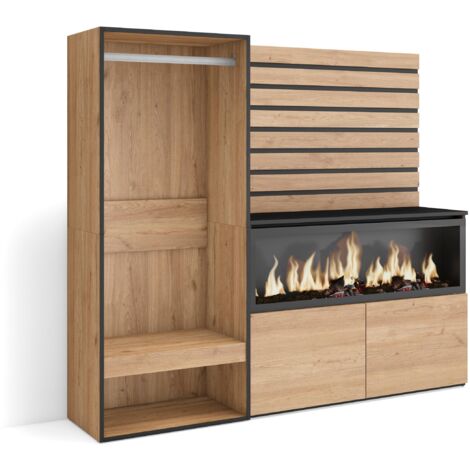 Skraut Home - Credenza, Mobile, Buffet, Stoccaggio, 167x145x35 cm, Camera da letto, stanza, Camino elettrico XXL, Armadio Aperto, Stile moderno, Rovere