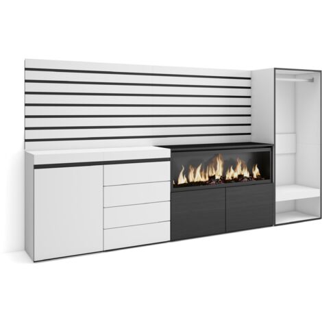 Skraut Home - Credenza, Mobile, Buffet, Stoccaggio, 274x145x35 cm, Camera da letto, stanza, Camino elettrico XXL, Cassettiera, Armadio Aperto, Stile moderno, Bianco