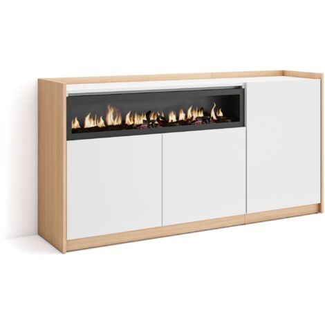 Skraut Home - Credenza, Mobile, Cucina, Madia, 156x37x80cm, 3 Porte, Camino elettrico, Bianco e Rovere soft