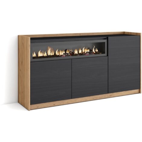 Skraut Home - Credenza, Mobile, Cucina, Madia, 156x37x80cm, 3 Porte, Camino elettrico, Nero e rovere