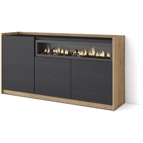 Skraut Home - Credenza, Mobile, Cucina, Madia, 156x37x80cm, 3 Porte, Camino elettrico, Nero e rovere