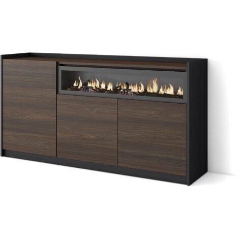 Skraut Home - Credenza, Mobile, Cucina, Madia, 156x37x80cm, 3 Porte, Camino elettrico, Rovere scuro e Nero