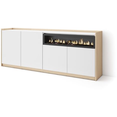 Skraut Home - Credenza, Mobile, Cucina, Madia, 207x37x80cm, 4 Porte, Camino elettrico, Bianco e Rovere soft