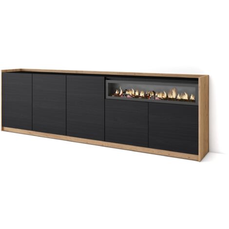Skraut Home - Credenza, Mobile, Cucina, Madia, 260x37x80cm, 5 Porte, Camino elettrico, Nero e rovere