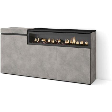 Skraut Home - Credenza, Mobile, Cucina, Madia, mobile ingresso, 150x75x35cm, 3 Porte, Camino elettrico, Stile moderno, Grigio Cemento