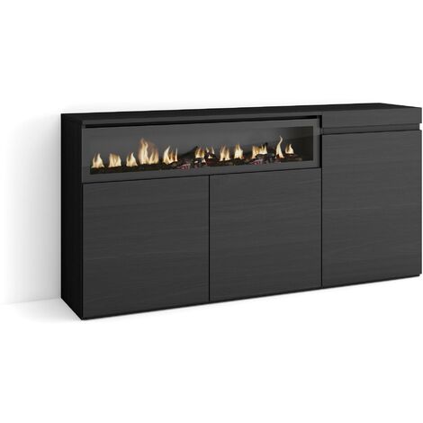 Skraut Home - Credenza, Mobile, Cucina, Madia, mobile ingresso, 150x75x35cm, 3 Porte, Camino elettrico, Stile moderno, Nero