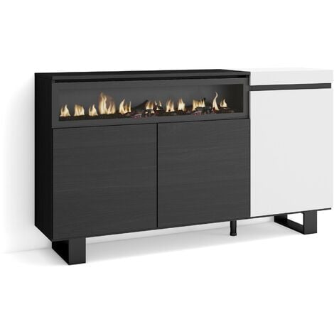 Skraut Home - Credenza, Mobile, Cucina, Madia, mobile ingresso, 150x87x35cm, 3 Porte, Camino elettrico, Design industriale, Stile moderno, Bianco e nero
