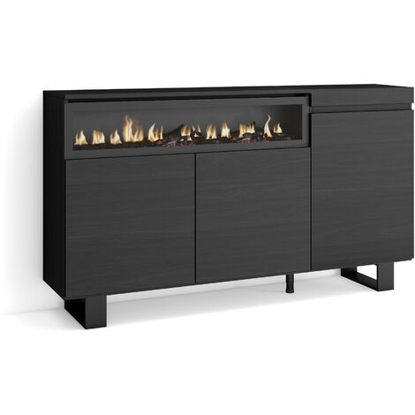 Skraut Home - Credenza, Mobile, Cucina, Madia, mobile ingresso, 150x87x35cm, 3 Porte, Camino elettrico, Design industriale, Stile moderno, Nero