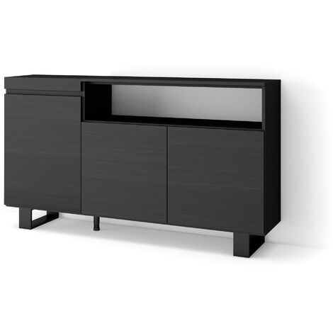 Skraut Home - Credenza, Mobile, Cucina, Madia, mobile ingresso, 150x87x35cm, 3 Porte, Design industriale, Stile moderno, Nero