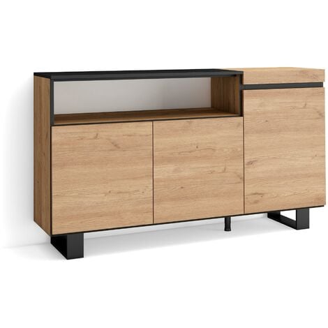 Skraut Home - Credenza, Mobile, Cucina, Madia, mobile ingresso, 150x87x35cm, 3 Porte, Design industriale, Stile moderno, Rovere e nero