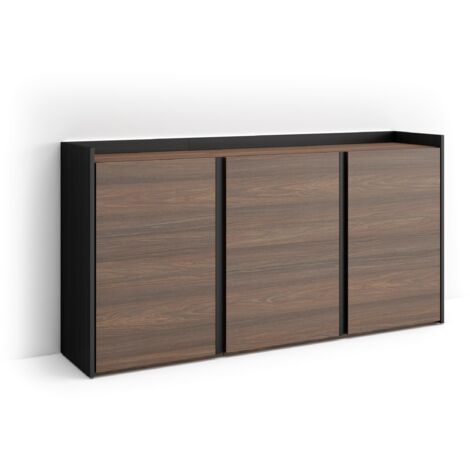 Skraut Home - Credenza, Mobile, Cucina, Madia, mobile ingresso, 156x35x80cm, 3 Porte, LED, Stile moderno, Rovere scuro e Nero