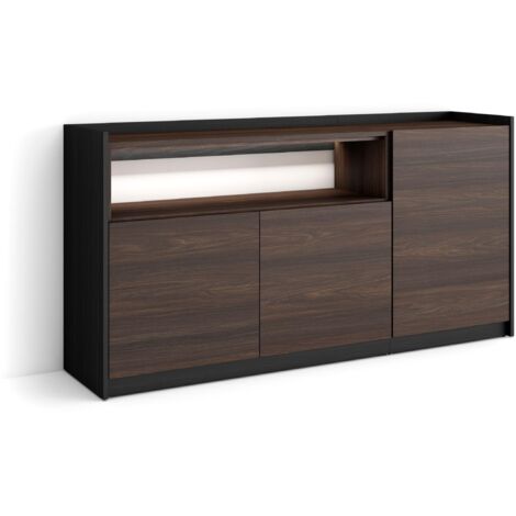 Skraut Home - Credenza, Mobile, Cucina, Madia, mobile ingresso, 156x37x80cm, 3 Porte, LED, Stile moderno, Rovere scuro e Nero
