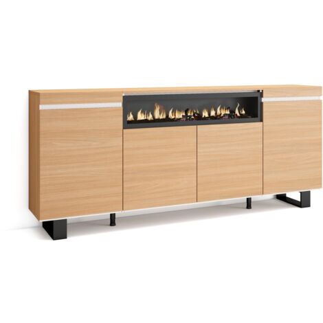 Skraut Home - Credenza, Mobile, Cucina, Madia, mobile ingresso, 200x35x87cm, 4 Porte, Camino elettrico, Design industriale, Stile moderno, Rovere soft e bianco