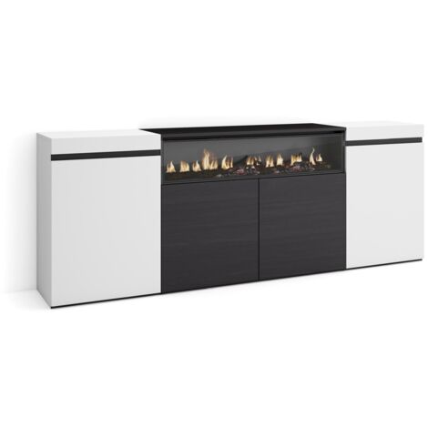 Skraut Home  Credenza, Mobile, Cucina  Madia, mobile ingresso  200x75x35cm  4 Porte  Camino elettrico  Stile moderno  Bianco e nero