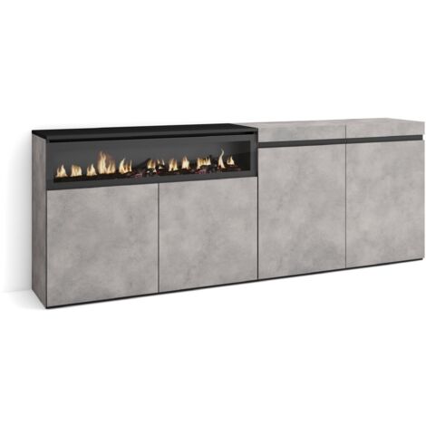 Skraut Home - Credenza, Mobile, Cucina, Madia, mobile ingresso, 200x75x35cm, 4 Porte, Camino elettrico, Stile moderno, Grigio Cemento