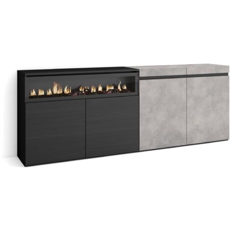 Skraut Home - Credenza, Mobile, Cucina, Madia, mobile ingresso, 200x75x35cm, 4 Porte, Camino elettrico, Stile moderno, Grigio Cemento
