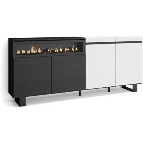 Skraut Home - Credenza, Mobile, Cucina, Madia, mobile ingresso, 200x87x35cm, 4 Porte, Camino elettrico, Design industriale, Stile moderno, Bianco e nero
