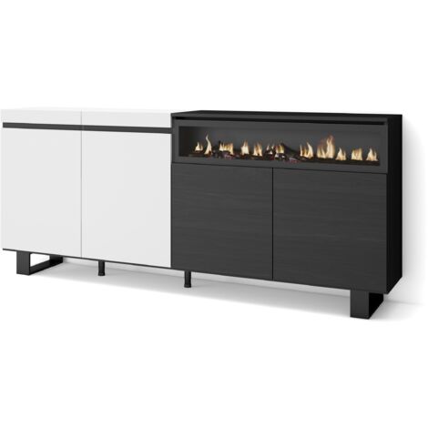 Skraut Home - Credenza, Mobile, Cucina, Madia, mobile ingresso, 200x87x35cm, 4 Porte, Camino elettrico, Design industriale, Stile moderno, Bianco e nero