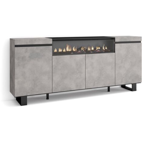 Skraut Home  Credenza, Mobile, Cucina  Madia, mobile ingresso  200x87x35cm  4 Porte  Camino elettrico  Design industriale  Stile moderno  Cemento