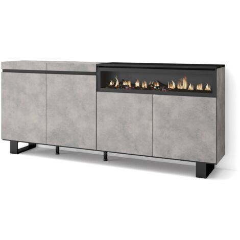 Skraut Home - Credenza, Mobile, Cucina, Madia, mobile ingresso, 200x87x35cm, 4 Porte, Camino elettrico, Design industriale, Stile moderno, Grigio Cemento
