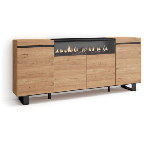 Skraut Home  Credenza, Mobile, Cucina  Madia, mobile ingresso  200x87x35cm  4 Porte  Camino elettrico  Design industriale  Stile moderno  Rovere e nero