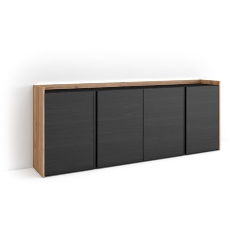 Skraut Home - Credenza, Mobile, Cucina, Madia, mobile ingresso, 207x35x80cm, 4 Porte, LED, Stile moderno, Nero e rovere