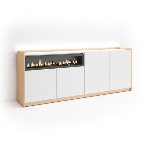 Skraut Home - Credenza, Mobile, Cucina, Madia, mobile ingresso, 207x37x80cm, 4 Porte, Camino elettrico, LED, Stile moderno, Bianco e Rovere soft