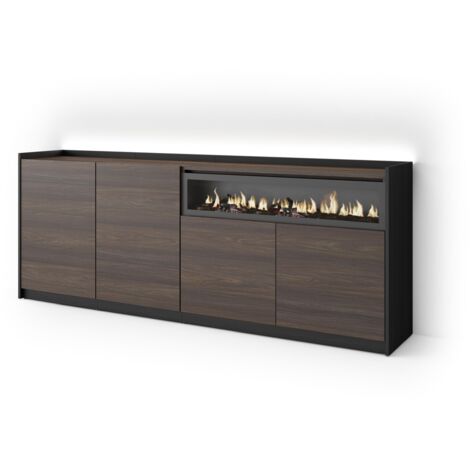 Skraut Home - Credenza, Mobile, Cucina, Madia, mobile ingresso, 207x37x80cm, 4 Porte, Camino elettrico, LED, Stile moderno, Rovere scuro e Nero