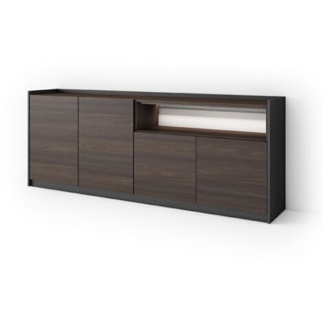 Skraut Home - Credenza, Mobile, Cucina, Madia, mobile ingresso, 207x37x80cm, 4 Porte, LED, Stile moderno, Rovere scuro e Nero