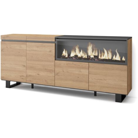 Skraut Home - Credenza, Mobile, Cucina, Madia, mobile ingresso, 210, 4 Porte, Camino elettrico XXL, Design industriale, Stile moderno, Rovere