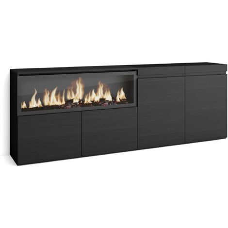 Skraut Home - Credenza, Mobile, Cucina, Madia, mobile ingresso, 210, 4 Porte, Camino elettrico XXL, Stile moderno, Nero