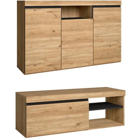 Skraut Home – Ensemble de meubles de salon – Buffet 140cm avec 3 placards – Meuble TV 120cm – Mélamine chêne noir nordique