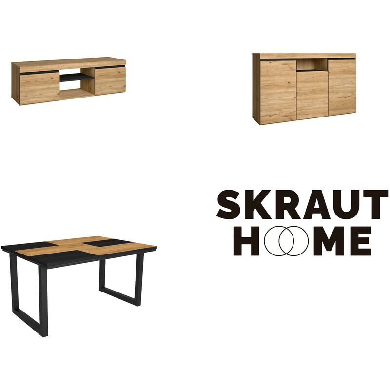 Skraut Home - Ensemble de meubles de salon, Table 140 Bicolore pieds u 6 convives, Meuble tv 140, Buffet / Crédence 140, Chêne et Noir, Style