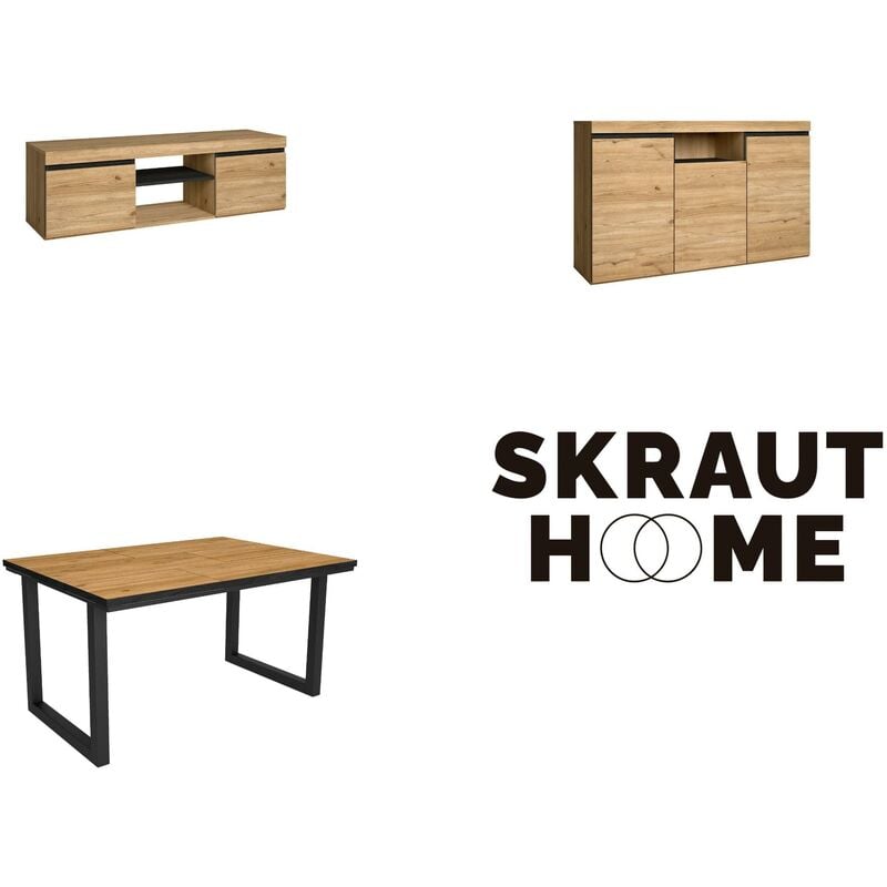 Skraut Home - Ensemble de meubles de salon, Table 140 Front Noir pieds u 6 convives, Meuble tv 140, Crédence / Buffet 140, Chêne et Noir, Style
