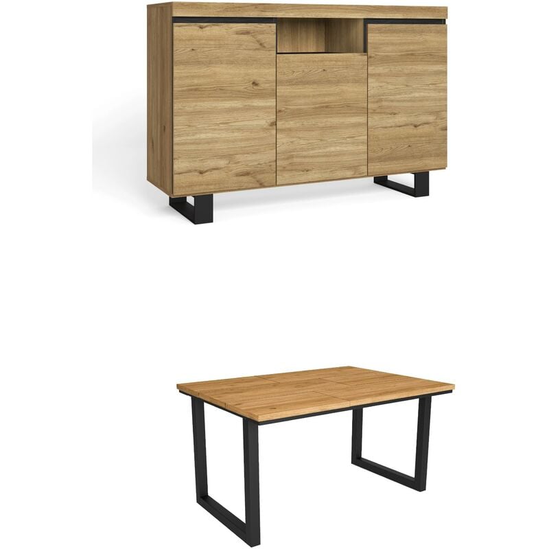 Ensemble de meubles de salon, Table 140 pieds u 6 convives, Crédence / Buffet 140 Tall, Chêne & Noir, Style Industriel - Skraut Home