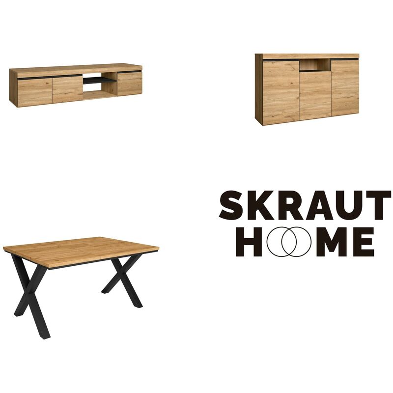 Ensemble de meubles de salon, Table 140 pieds x 6 convives, Meuble tv 160, Crédence / Buffet 140, Chêne et Noir, Style Industriel - Skraut Home